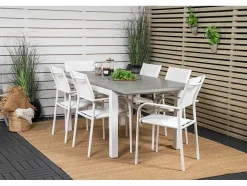Vente-unique Tuinset-Albany Tuinmeubelset Tafel 90X152/210Cm En 6 Stoel Santorini Wit, Grijs, Cremekleur.