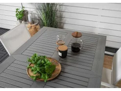 Vente-unique Tuinset-Albany Tuinmeubelset Tafel 90X152/210Cm En 4 Stoel Santorini Wit, Grijs, Cremekleur.