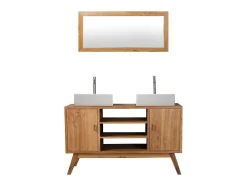 Vente-unique Dubbele Wastafel-Badkamermeubel In Teakhout Met Dubbele Wastafel En Spiegel - 135 Cm - Gianyar
