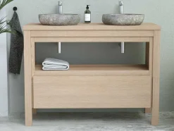 Vente-unique Dubbele Wastafel-Badkamermeubel Met Opzetwastafel Van Steen - Eikenfineer - 120 Cm - Cosmoti