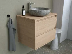 Vente-unique Badkamermeubel Met Enkele Wastafel-Badkamermeubel Met Opzetwastafel Van Steen - Eikenfineer - 60 Cm - Milipam
