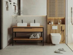 Vente-unique Dubbele Wastafel-Badkamermeubel Van Licht Teakhout En Metaal Met Dubbele Wastafel - 120 Cm - Tukad