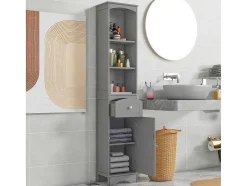 Vente-unique Badkamerkast-Badkamerzuil Met 1 Lade En 5 Verstelbare Planken - Grijs - 34 X 24 X 170 Cm