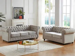 Vente-unique Bankstel 3+2-Bankstel Chesterfield - Fluweel - Lichtgrijs
