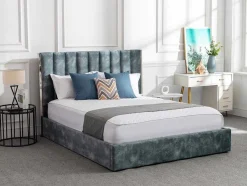 Vente-unique Fluwelen Bed-Bed 160 X 200 Cm Met Hoofdbord Met Verticale Stiksels - Velours - Groenblauw - Feroya