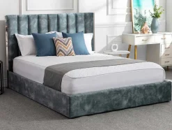 Vente-unique Fluwelen Bed-Bed 160 X 200 Cm Met Hoofdbord Met Verticale Stiksels - Velours - Groenblauw - Feroya