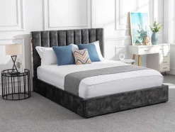 Vente-unique Fluwelen Bed-Bed 160 X 200 Cm Met Hoofdbord Met Verticale Stiksels - Velours - Antraciet - Feroya