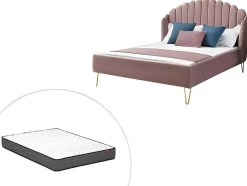 Vente-unique Tweepersoonsbed-Bed 140 X 190 Cm Met Hoofdbord Met Golfpatroon - Velours - Oudroze + Matras - Sagali