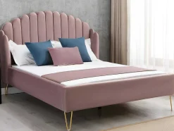 Vente-unique Tweepersoonsbed-Bed 140 X 190 Cm Met Hoofdbord Met Golfpatroon - Velours - Oudroze + Matras - Sagali