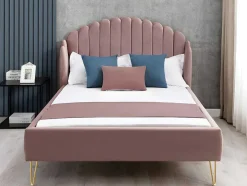Vente-unique Tweepersoonsbed-Bed 140 X 190 Cm Met Hoofdbord Met Golfpatroon - Velours - Oudroze + Matras - Sagali