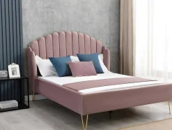 Vente-unique Tweepersoonsbed-Bed 140 X 190 Cm Met Hoofdbord Met Golfpatroon - Velours - Oudroze + Matras - Sagali