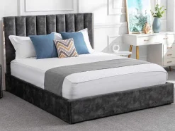 Vente-unique Fluwelen Bed-Bed 140 X 190 Cm Met Hoofdbord Met Verticale Stiksels - Velours - Antraciet - Feroya