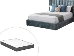 Vente-unique Fluwelen Bed-Bed 140 X 190 Cm Met Hoofdbord Met Verticale Stiksels - Velours - Groenblauw + Matras - Feroya
