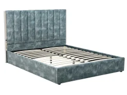 Vente-unique Fluwelen Bed-Bed 140 X 190 Cm Met Hoofdbord Met Verticale Stiksels - Velours - Groenblauw + Matras - Feroya