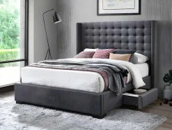 Vente-unique Tweepersoonsbed-Bed Gewatteerd Hoofdbord - Met Laden - 160 X 200 Cm - Stof Grijs - Leonce