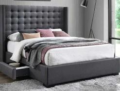 Vente-unique Tweepersoonsbed-Bed Gewatteerd Hoofdbord - Met Laden - 160 X 200 Cm - Stof Grijs - Leonce