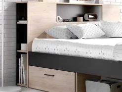 Vente-unique Aanbiedingen: Slaapkamer & Kantoor-Bed Leandre Met Hoofdeinde, Opbergruimte En Lades - 160 X 200 Cm - Kleur: Eiken En Antraciet