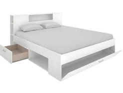 Vente-unique Tweepersoonsbed-Bed Leandre Met Hoofdeinde, Opbergruimte En Lades - 140 X 190 Cm - Kleur: Wit