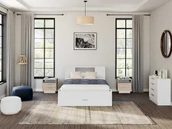 Vente-unique Tweepersoonsbed-Bed Leandre Met Hoofdeinde, Opbergruimte En Lades - 140 X 190 Cm - Kleur: Wit