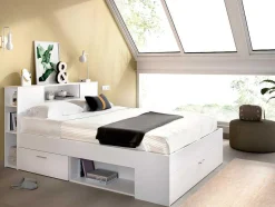 Vente-unique Tweepersoonsbed-Bed Leandre Met Hoofdeinde, Opbergruimte En Lades - 140 X 190 Cm - Kleur: Wit