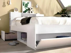 Vente-unique Tweepersoonsbed-Bed Met Hoofdeinde Met Opbergruimte En Lades - 140 X 190 Cm - Kleur: Wit + Bedbodem + Matras - Leandre
