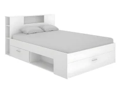 Vente-unique Tweepersoonsbed-Bed Met Hoofdeinde Met Opbergruimte En Lades - 140 X 190 Cm - Kleur: Wit + Bedbodem + Matras - Leandre