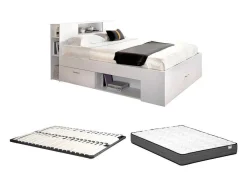 Vente-unique Tweepersoonsbed-Bed Met Hoofdeinde Met Opbergruimte En Lades - 140 X 190 Cm - Kleur: Wit + Bedbodem + Matras - Leandre