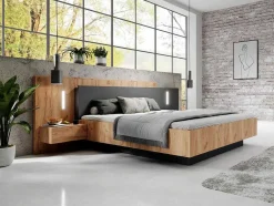 Vente-unique Tweepersoonsbed-Bed Met Nachtkastjes 160 X 200 Cm - 2 Laden - Met Led'S - Kleur : Naturel En Antraciet - Francoli