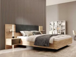 Vente-unique Aanbiedingen: Slaapkamer & Kantoor-Bed Met Nachtkastjes 160 X 200 Cm - Met Ledverlichting - Kleur: Naturel En Antraciet - Elynia