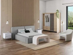 PASCAL MORABITO Fluwelen Bed-Bed Met Opbergruimte 180 X 200 Cm - Ribfluweel - Lichtgrijs + Matras - Timano