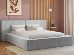 PASCAL MORABITO Fluwelen Bed-Bed Met Opbergruimte 180 X 200 Cm - Ribfluweel - Lichtgrijs + Matras - Timano