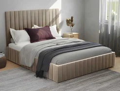 Vente-unique Fluwelen Bed-Bed Met Opbergruimte 180 X 200 Cm Met Hoofdbord Met Verticale Stiksels - Velours - Taupegrijs + Matras - Larali