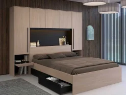 Vente-unique Tweepersoonsbed-Bed Met Opbergruimte 160 X 200 Cm - Met Ledverlichting - Kleur: Naturel En Zwart + Bedbodem - Velona