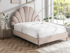 Vente-unique Fluwelen Bed-Bed Met Schelpvorm 140 X 190 Cm - Velours - Beige - Livaya