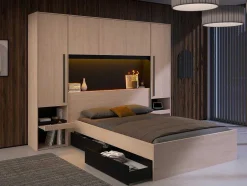 Vente-unique Hoofdeinde En Brugkast-Bedkast Met Opbergruimte - Met Ledverlichting - L265 Cm - Kleur: Naturel En Zwart - Velona