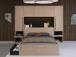 Vente-unique Hoofdeinde En Brugkast-Bedkast Met Opbergruimte - Met Ledverlichting - L265 Cm - Kleur: Naturel En Zwart - Velona