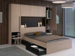 Vente-unique Hoofdeinde En Brugkast-Bedkast Met Opbergruimte - Met Ledverlichting - L265 Cm - Kleur: Naturel En Zwart - Velona