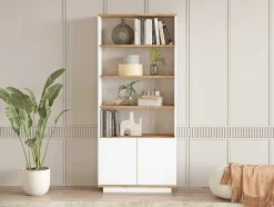 Vente-unique Boekenkast & Vitrine-Boekenkast Met 2 Deuren En 4 Nissen - Licht Naturel En Wit - Lotula