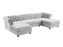 Vente-unique Xxl Hoekbank-Brede Hoekbank Van Lichtgrijs Velours Chesterfield