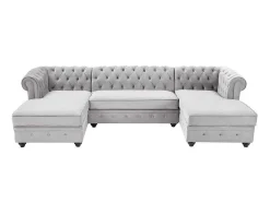 Vente-unique Xxl Hoekbank-Brede Hoekbank Van Lichtgrijs Velours Chesterfield