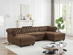 Vente-unique Xxl Hoekbank-Brede Hoekbank Van Microvezel Met Verouderd Leereffect Chesterfield