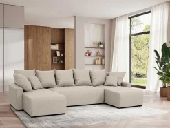 Vente-unique Xxl Hoekbank-Brede Hoekslaapbank Van Beige Stof Ladazia