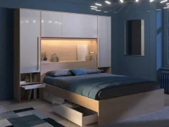 Vente-unique Hoofdeinde En Brugkast-Brugkast Met Opbergruimte - Met Ledverlichting - L265 Cm - Kleuren: Glanzend Wit En Houtlook - Velona