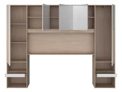 Vente-unique Hoofdeinde En Brugkast-Brugkast Met Opbergruimte - Met Ledverlichting - L265 Cm - Kleuren: Glanzend Wit En Houtlook - Velona