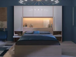 Vente-unique Hoofdeinde En Brugkast-Brugkast Met Opbergruimte - Met Ledverlichting - L265 Cm - Kleuren: Glanzend Wit En Houtlook - Velona