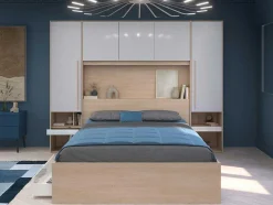 Vente-unique Hoofdeinde En Brugkast-Brugkast Met Opbergruimte - Met Ledverlichting - L265 Cm - Kleuren: Glanzend Wit En Houtlook - Velona