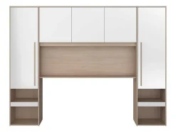 Vente-unique Hoofdeinde En Brugkast-Brugkast Met Opbergruimte - Met Ledverlichting - L265 Cm - Kleuren: Glanzend Wit En Houtlook - Velona