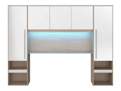 Vente-unique Hoofdeinde En Brugkast-Brugkast Met Opbergruimte - Met Ledverlichting - L265 Cm - Kleuren: Glanzend Wit En Houtlook - Velona