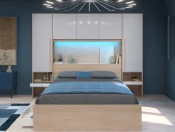 Vente-unique Hoofdeinde En Brugkast-Brugkast Met Opbergruimte - Met Ledverlichting - L265 Cm - Kleuren: Glanzend Wit En Houtlook - Velona