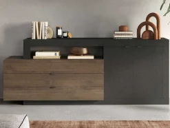 Vente-unique Buffetkast-Buffet Met 2 Deuren, 3 Laden En 1 Niche - Donker Natuurlijk En Antraciet - Ruselo